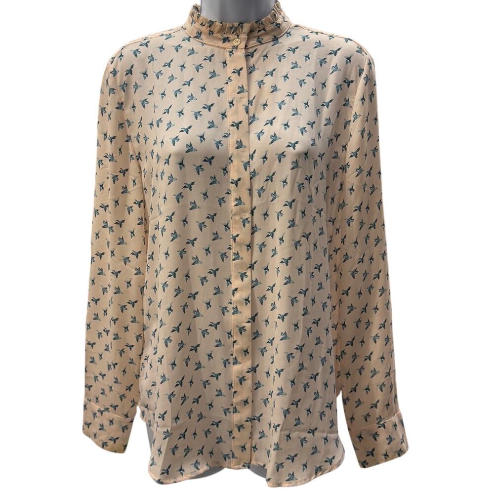 Ann Taylor LOFT Mandarin Collar Pink Blouse Sz S Blue Birds Career Button Up - Picture 1 of 4